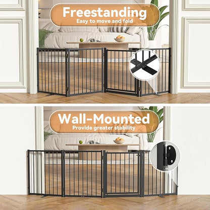 SNUOWU Full Metal Freestanding Dog Gate with Door, 24'' Height Foldable Pet Dog Fence for Indoor & Outdoor, 4 Panels Extra Wide Free Standing SmallDog Gates for Doorways,House,Stairs,Porch,Deck,Yard