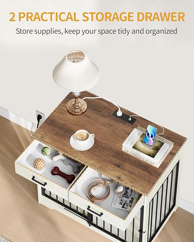 Hzuaneri 38.2'' Dog Crate Furniture with Charging Station, Barn Door Dog Kennel Indoor with 2 Storage Drawers, Wooden Pet Cage End Side Table for Medium/Large Dogs, Chew-Proof, White Brown DFC90314B