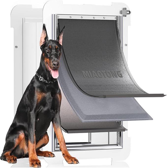 MIAOTONG 3-Flap Dog Door for Wall, Energy-Efficient Insulated Pet Door for Wall, Aluminum Lock Doggy Doors,Steel Frame and Telescoping Tunnel Dog Doors (Pets Up to 220 Lb) -X-Large