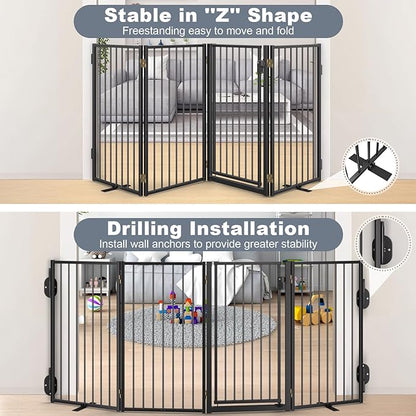 Metal Freestanding Dog Gates with Door for Outdoor Indoor,160'' Extra Wide 36'' Tall Free Standing Dog Gate for Doorways,Large Openings,Deck,Yard,Porch,Foldable Pet Fence(Black,8 Panels)
