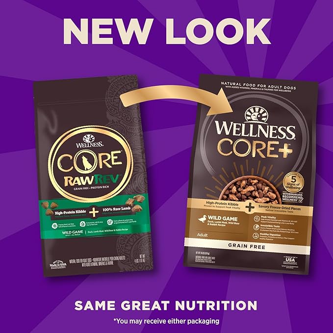 Wellness CORE+ Adult Dry Dog Food with Freeze Dried Pieces, Grain Free Kibble+, Natural, High Protein, Wild Game Duck, Lamb, Boar, and Rabbit Recipe, 18 lb Bag