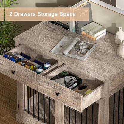 BREEZEHEAT Rustic Grey Dog Crate Furniture-40 inch Farmhouse Dog Kennel with Two Drawers-End Table Wooden Pet Crate, Decorative Dog House Indoor for Small Medium Large Dog