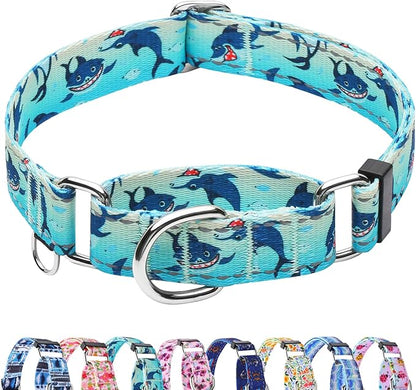 Reflective Martingale Collar for Dogs Nylon Training Collar with No Buckle, No Pull Boy Male Dog Collar for Medium Dogs（Green Shark，M）