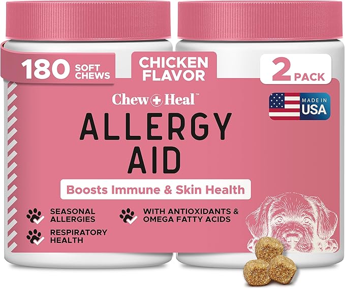 Dog Allergy Chews -180 Delicious Soft Chew Treats - Anti Itch Allergy Relief for Dogs and Cats - Boosts Immune System, Promotes Skin Health - Seasonal Treatment for Pets - Made in The USA