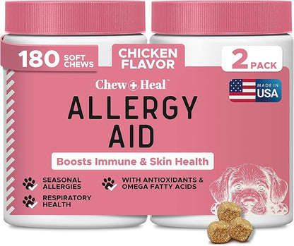 Dog Allergy Chews -180 Delicious Soft Chew Treats - Anti Itch Allergy Relief for Dogs and Cats - Boosts Immune System, Promotes Skin Health - Seasonal Treatment for Pets - Made in The USA