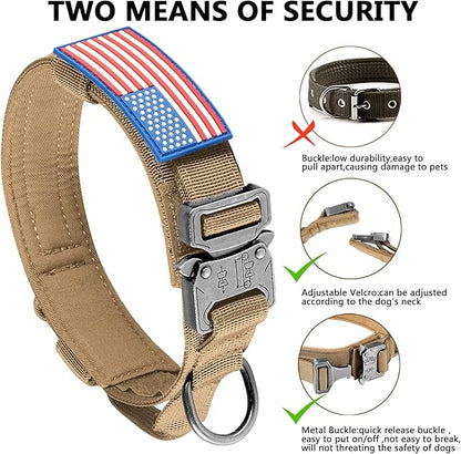DAGANXI Tactical Dog Collar, Adjustable Military Training Nylon Dog Collar with Control Handle and Heavy Metal Buckle for Medium and Large Dogs, with Patches and Airtags Case (XXL, Brown)