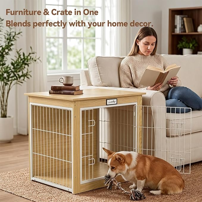 Oak Dog Crate Furniture with Reversible Side Door, 28'' Wooden Indoor Dog Kennel for Small Medium Dogs, Furniture Style End Table Dog Crate with Double Locks, Steel Mesh Dog Cage