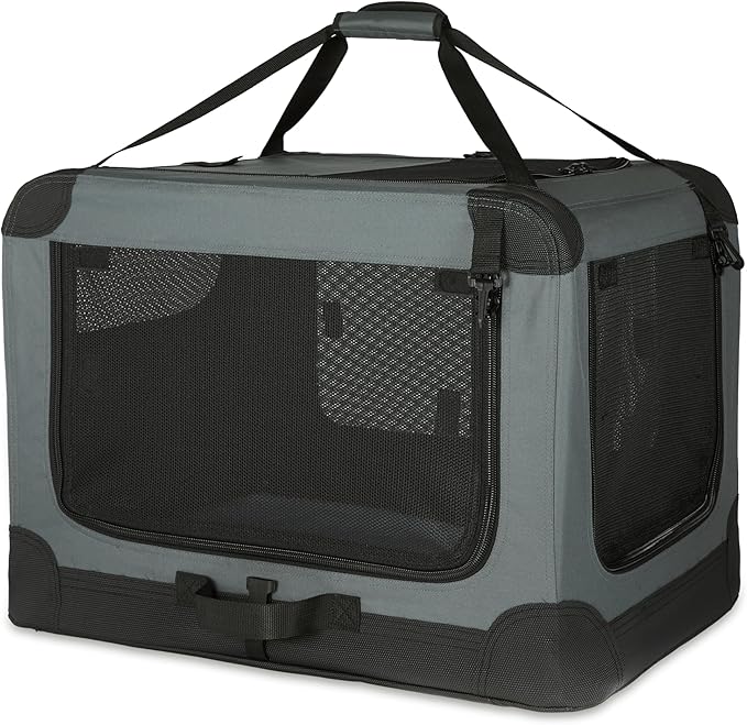 Amazon Basics Portable Folding Soft Dog Crate, 4-Doors, Collapsible Travel Kennel for Cat, Dog, and Small Animals, Quick Setup, Small 26" x 18" x 18", Grey