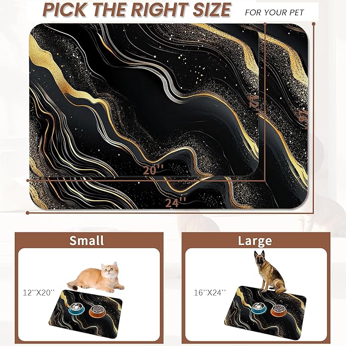 Marble Pet Feeding Mat,Black Gold Flowing Marble Absorbent Quick-Dry Cat Dog Food and Water Bowl Mats,Non-Slip Rubber Backing Mat,Cat Dog Accessories Supplies 16"x24"
