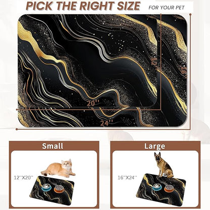 Marble Pet Feeding Mat,Black Gold Flowing Marble Absorbent Quick-Dry Cat Dog Food and Water Bowl Mats,Non-Slip Rubber Backing Mat,Cat Dog Accessories Supplies 16"x24"