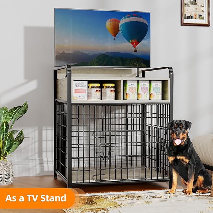 Kepptory Small Dog Crate Furniture with Drawers Storage, Puppy Dog Kennel Indoor with Double Doors, Heavy Duty Wooden Dog Cage Table, Sturdy Metal, Gray