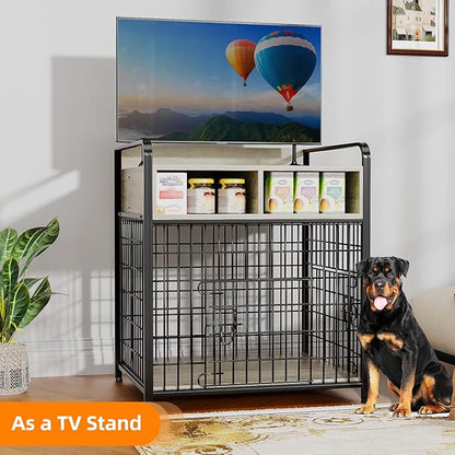 Kepptory Small Dog Crate Furniture with Drawers Storage, Puppy Dog Kennel Indoor with Double Doors, Heavy Duty Wooden Dog Cage Table, Sturdy Metal, Gray