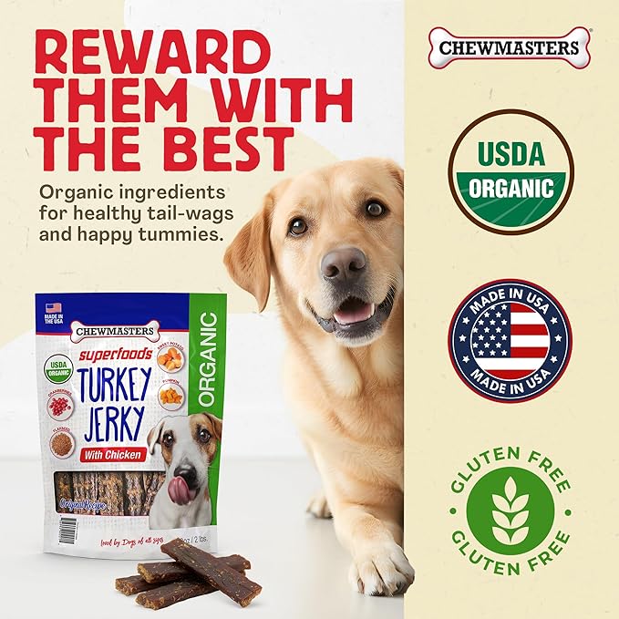 Chewmasters Organic Turkey Jerky with Chicken Dog Treat for All Life Stages - Fresh and Healthy Turkey Dog Treats - High Protein, Real Meat Snack, Grain Free, by-Product Free - USA Made, 2lb