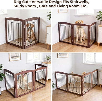 ZJSF Freestanding Foldable Dog Gate for House Extra Wide Wooden Indoor Puppy Gate Stairs Doorways Pet Gate Tall Dog Fence 2 Panels Fence Brown