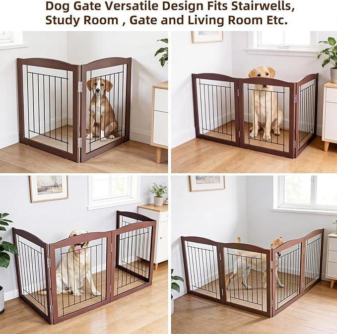 ZJSF Freestanding Foldable Dog Gate for House Extra Wide Wooden Indoor Puppy Gate Stairs Doorways Pet Gate Tall Dog Fence 2 Panels Fence Brown