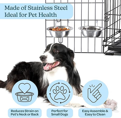 Set of 2 Stainless-Steel Dog Bowls - Cage, Kennel, and Crate Hanging Pet Bowls for Food and Water - 8oz Each and Dishwasher Safe by PETMAKER, Silver