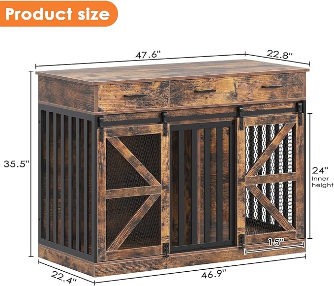 Saudism Dog Crate Furniture for Large Dog or 2 Small Dogs, Wooden Large Dog Kennel with 3 Storage Drawers and 2 Sliding Doors, Decorative Dog Cage TV Stand with Removable Divider, Classic Brown