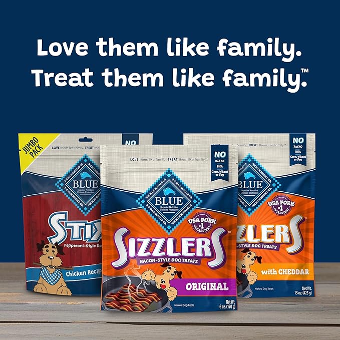 Blue Buffalo Sizzlers Natural Soft Dog Treats,Bacon-Style Soft-Moist Dog Treats with Real USA Pork,Original Flavor,6-oz Bag,(Pack of 2)