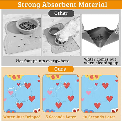 Pet Feeding Mat,Dog Paws Absorbent Dog Cat Food Mat Cute Cat Dog Mat with Rubber Backing,Non-Slip Water Bowl Placemat,Pet Supplies 16" x 24"