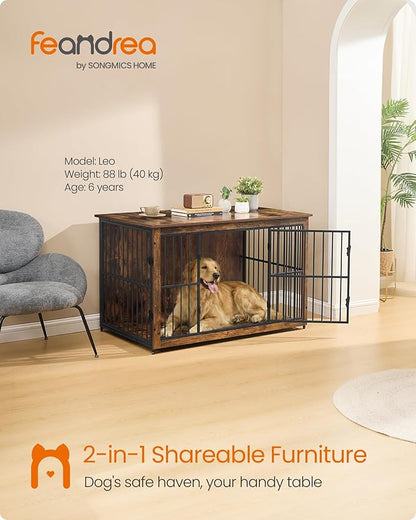 Feandrea Wooden Dog Crate Furniture, 48 Inches Heavy-Duty Kennel for Dogs up to 110 lb, with Double Doors and Enclosed Wood Base, Modern Pet Cage End Table Indoor, Rustic Brown