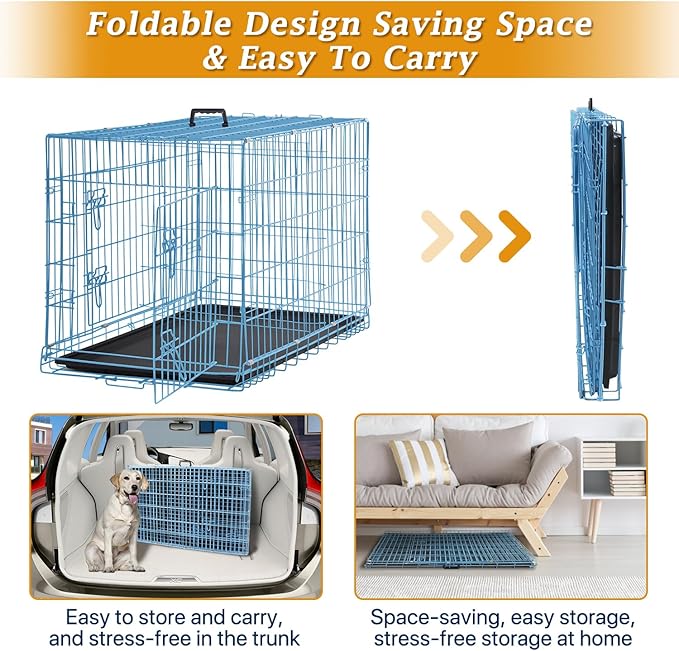 Dog Crate Dog Kennel Cage 42” Portable Foldable Indoor Outdoor Large Double Door Wire Metal Puppy Cat Pet Dog Cage with ABS Tray LC & Divider, Blue