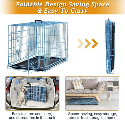 Dog Crate Dog Kennel Cage 42” Portable Foldable Indoor Outdoor Large Double Door Wire Metal Puppy Cat Pet Dog Cage with ABS Tray LC & Divider, Blue