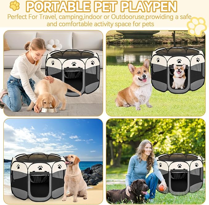 Dog Playpen, Pet Puppy Playpen Indoor for Small Dogs Tent Crates Cage Outdoor, Portable Pop Up Dog Kennel Playpen Cat Tent for Dogs/Cats/Rabbits, Removable Zipper Top, Grey