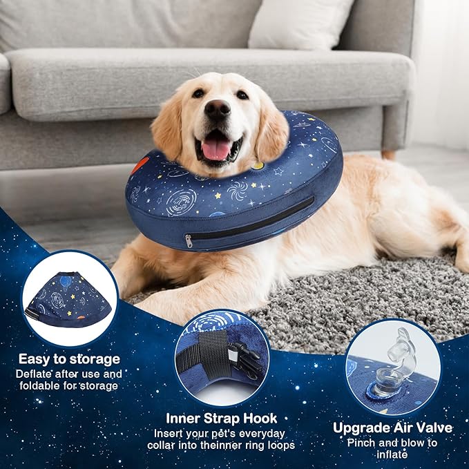 SCENEREAL Dog Cone Alternative After Surgery Donut Collar, Soft Pet Recovery Pillow Collar for Medium Large Dogs, Inflatable Adjustable Neck Collars to Prevent Licking, Planet Print E-Collars XL