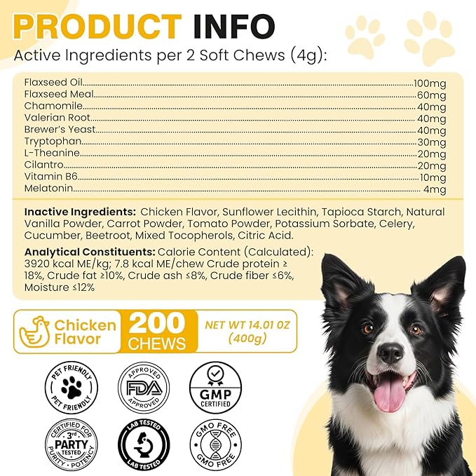 Dog Flea and Tick Treatment Chewable with Calming Supplements 200 Count Oral Fleas Ticks Chewables Support Suitable for All Breeds Ages Reduces Anxiety, Itch, and Sleep Support - Chicken Flavor