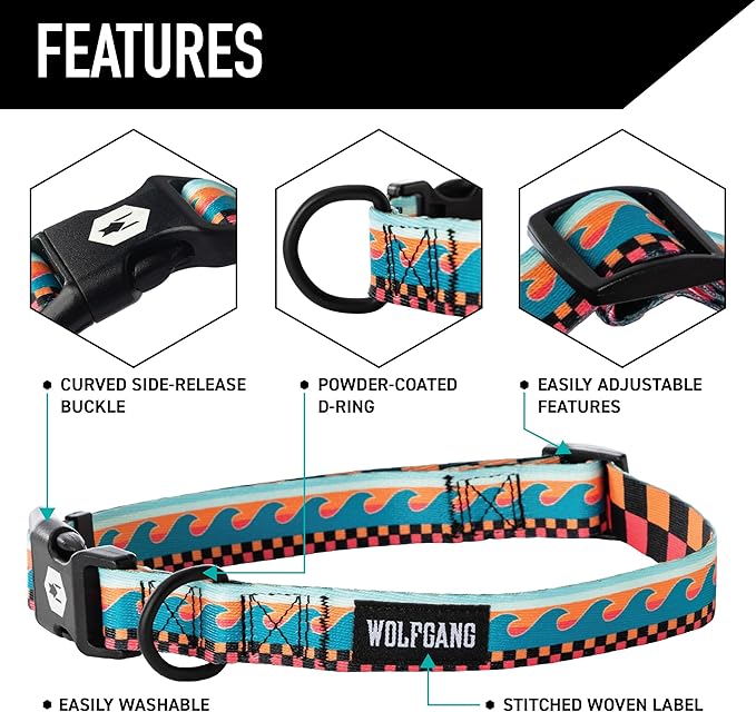 Wolfgang Heavy Duty Martingale Dog Collar with Quick Release Nylon Buckle for Walking & Training, BuenaOnda Print, Small