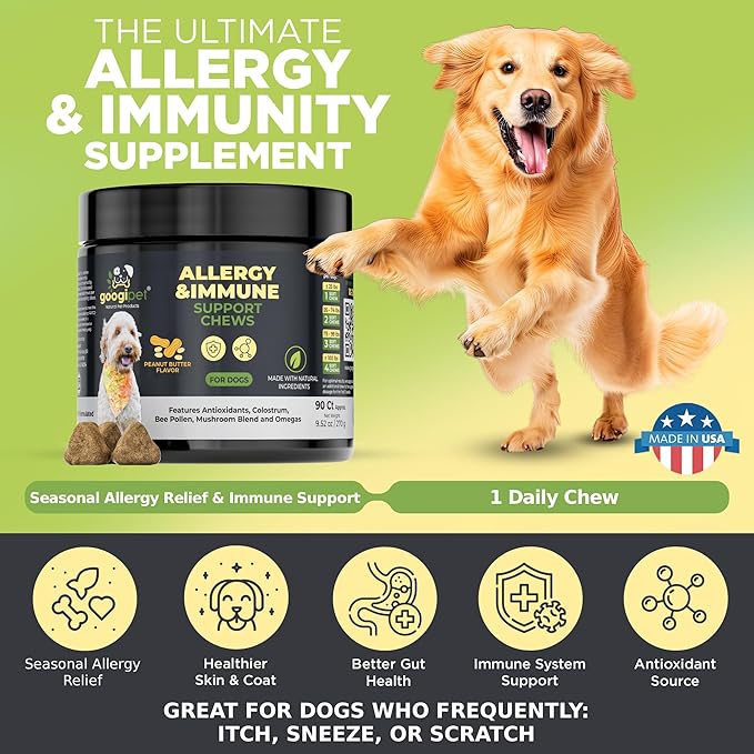 Googipet Dog Allergy Chews, Seasonal Dog Allergy Relief & Itchy Skin Relief, Skin & Coat Supplement Colostrum, Coconut Oil, Omega 3 Fish Oil, & Bee Pollen for Dogs Itch Relief (Peanut Butter Flavor)