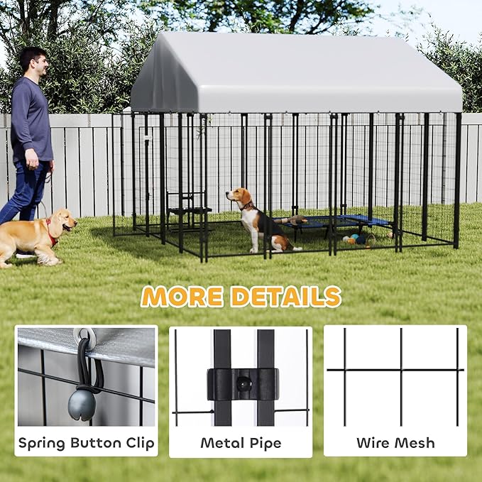 PawHut Outdoor Dog Kennel with Roof, 8' x 8' x 6' Heavy Duty Welded Wire Dog Playpen Enclosure with Escape-Proof Lock, UV-Resistant & Waterproof Cover, for Large Dogs, Chickens, Ducks, Silver