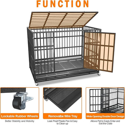 BOLDBONE 42 inch Heavy Duty Indestructible and Escape-Proof Dog Crate Cage Kennel for Large Dogs, High Anxiety Dog Crate with Removable Wire Trays and Wheels, Extra Large XL XXL, Black