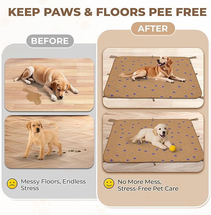 Fostanfly Washable Dog Pee Pads, 2-Pack 36"x41" Large Reusable Potty Training Pads, Ultra-Absorbent, Leak-Proof & Non-Slip, with 8 Lanyards for Playpen, Crates & Furniture, Brown