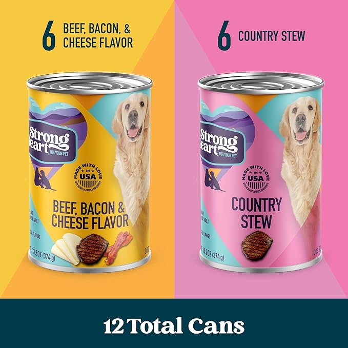 A Strong Heart Wet Dog Food Variety Pack, Beef Bacon & Cheese Dinner & Country Stew, Made with Real Beef, Made in The USA, 13.2 oz Can (Pack of 12)