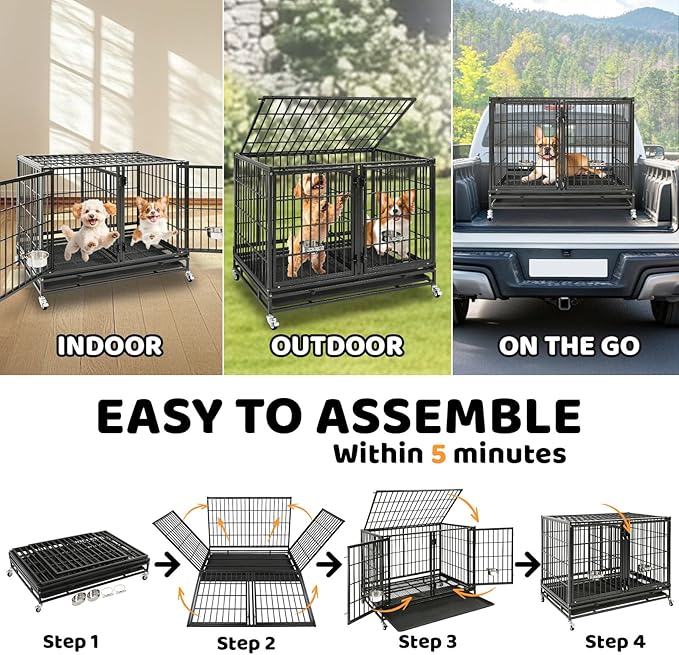 Homey Pet Stackable 43 inch Dog Crate Cage Kennel Indoor with Divider, 2X Steel Bowls, 4X Lockable Wheels, Tray, Heavy Duty Wire Dog Crates for Large/Medium/Small Dogs (Tall Model)