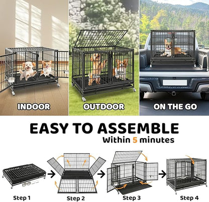 Homey Pet Stackable 43 inch Dog Crate Cage Kennel Indoor with Divider, 2X Steel Bowls, 4X Lockable Wheels, Tray, Heavy Duty Wire Dog Crates for Large/Medium/Small Dogs (Tall Model)