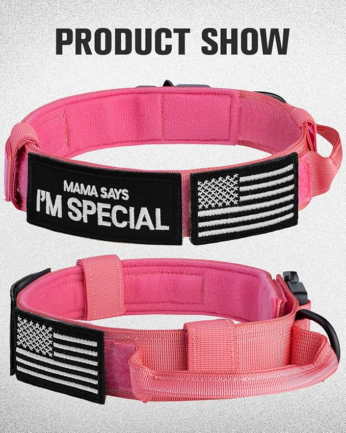 Joytale Tactical Dog Collar with Handle and Metal Buckle, Heavy Duty Padded Military Collar with 2 Patches for Training, Adjustable for Medium Dogs, Hotpink, M