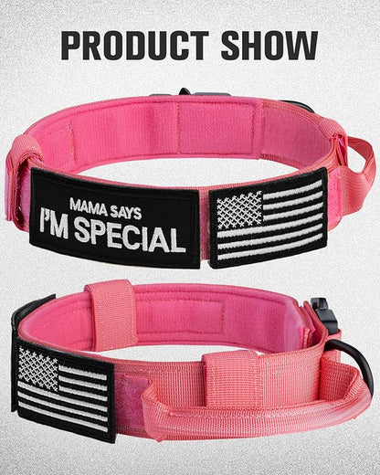 Joytale Tactical Dog Collar with Handle and Metal Buckle, Heavy Duty Padded Military Collar with 2 Patches for Training, Adjustable for Large Dogs, Hotpink, L