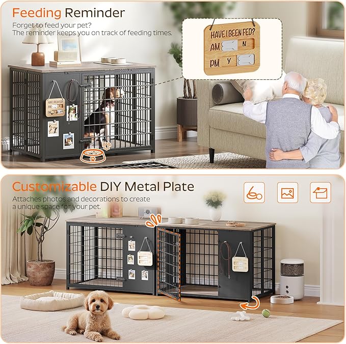 YATINEY Foldable Dog Crate Furniture, Dog Crate with DIY Frame, Heavy Duty Dog Kennel Indoor with Hooks, Wooden Dog Cage End Table, for Small/Medium Dogs, Greige DC95BG