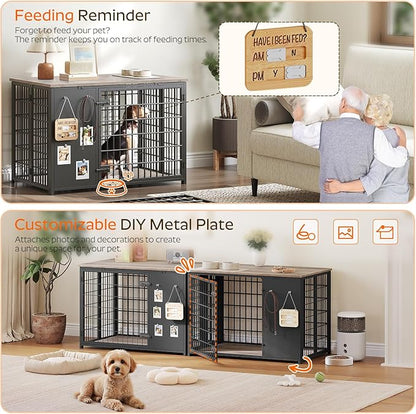 YATINEY Foldable Dog Crate Furniture, Dog Crate with DIY Frame, Heavy Duty Dog Kennel Indoor with Hooks, Wooden Dog Cage End Table, for Small/Medium Dogs, Greige DC95BG