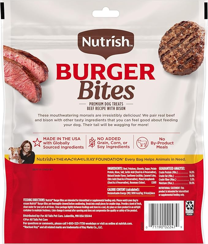 Nutrish Burger Bites Beef Recipe with Bison Premium Dog Treats, 12 oz. Pouch (Rachael Ray)