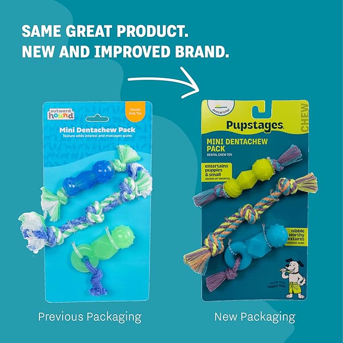 Mini Dentachew Pack Dental Chew Toy, Multi-Textured, Fetch & Tug Rope, Puppies & Small Dogs, 7", 3-Pack