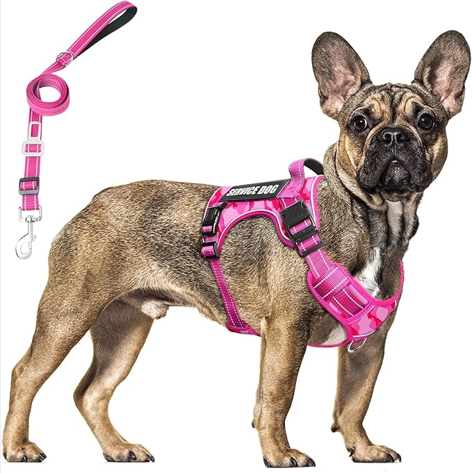 Tactical Service Dog Vest and Leash Set,Heavy Duty No Pull Dog Harness and 10 Patches with Dog Seat Belt for Large Dogs,Reflective Pet Harness for Training Walking Hiking Camo Pink L