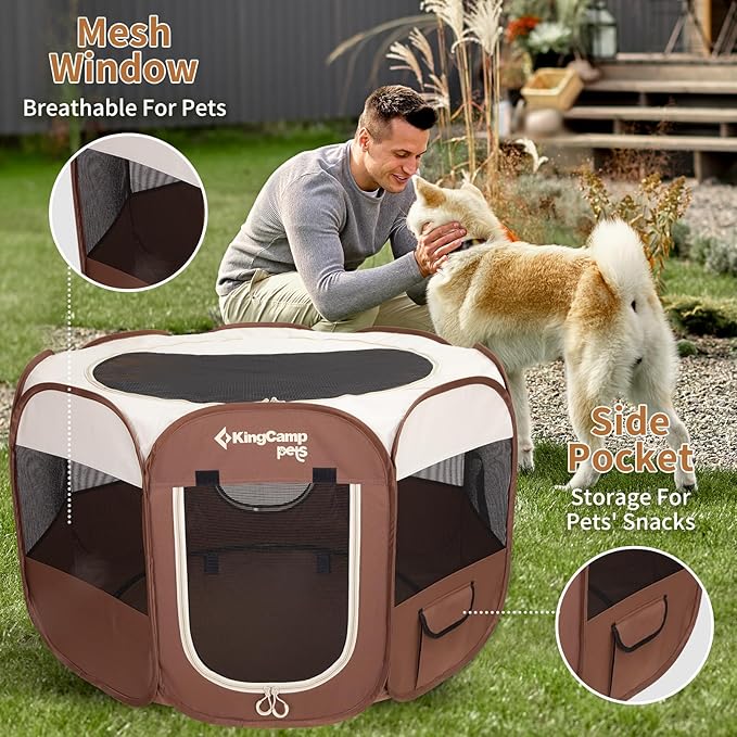 KingCamp Dog Playpen, Portable Foldable Cat Kitten Puppy Tent Crates 29"/36"/50" Pop Up Pet Playpen with Zippered Bottom & Cover for Indoor Outdoor Use (X-Large, Khaki)