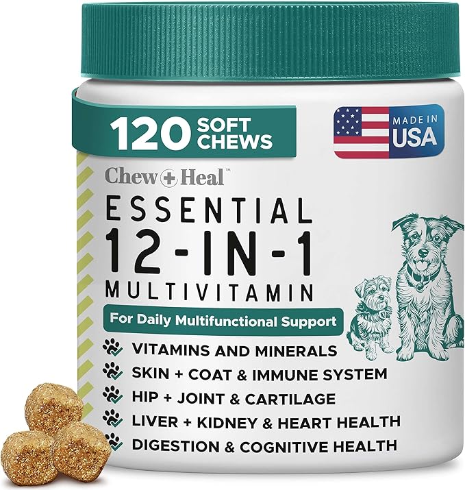12-in-1 Dog Multivitamin Soft Chews, 120 Count - Vitamins & Supplements, Glucosamine Chondroitin, Probiotics, Omega 3 - Hip & Joint, Skin & Coat, Immune Support for Puppy & Senior Dogs - Chew + Heal