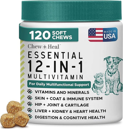 12-in-1 Dog Multivitamin Soft Chews, 120 Count - Vitamins & Supplements, Glucosamine Chondroitin, Probiotics, Omega 3 - Hip & Joint, Skin & Coat, Immune Support for Puppy & Senior Dogs - Chew + Heal