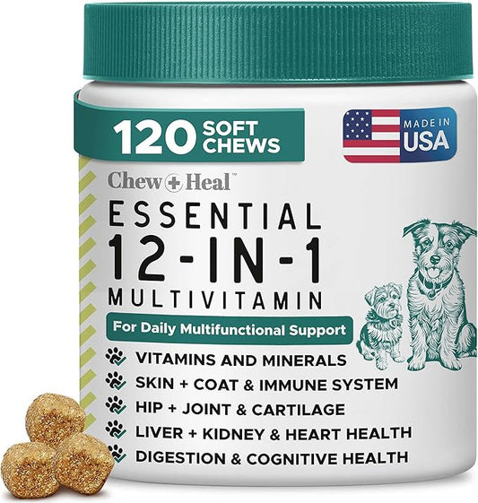 12-in-1 Dog Multivitamin Soft Chews, 120 Count - Vitamins & Supplements, Glucosamine Chondroitin, Probiotics, Omega 3 - Hip & Joint, Skin & Coat, Immune Support for Puppy & Senior Dogs - Chew + Heal