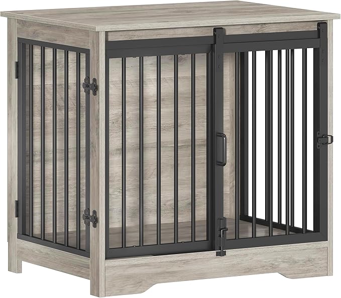 Hzuaneri 27.2" Dog Crate Furniture with Barn Door, Heavy Duty Dog Kennel Indoor with 2 Doors, Wooden Pet Cage End Table for Small Medium Dogs up to 22 lb, Anti-Chew Anti-Escape, Greige DFC84305B