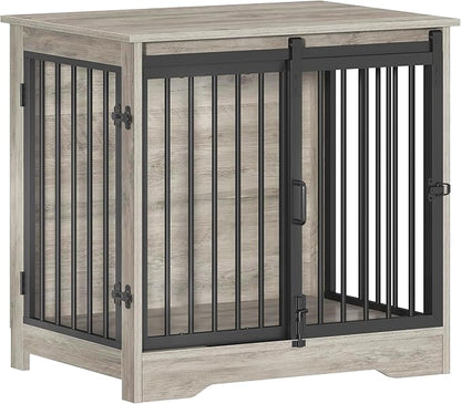 Hzuaneri 27.2" Dog Crate Furniture with Barn Door, Heavy Duty Dog Kennel Indoor with 2 Doors, Wooden Pet Cage End Table for Small Medium Dogs up to 22 lb, Anti-Chew Anti-Escape, Greige DFC84305B
